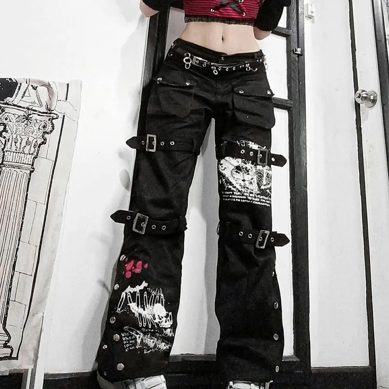 Y2K Metal Button High Waisted Straight Leg Jeans Drop Crotch Print Streetwear Pants Hip Hop Cargo Denim Trousers for Women