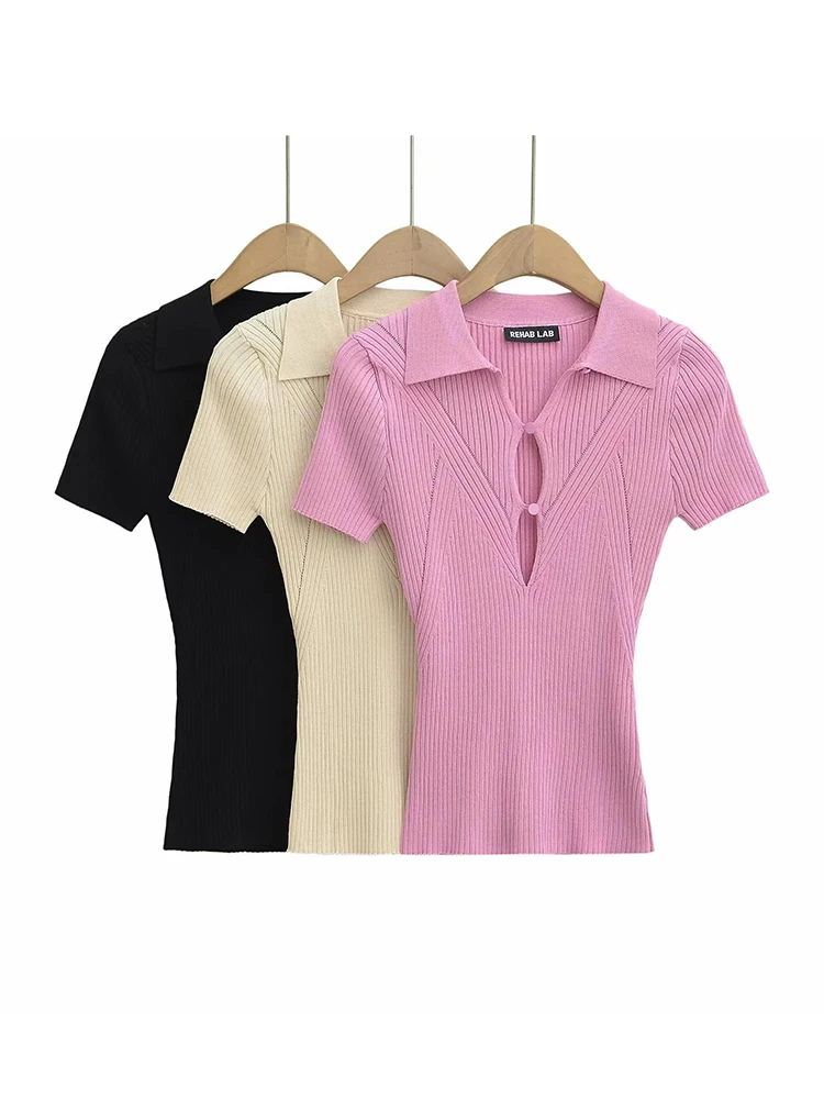 

Summer Short Sleeve Knitted Sweaters Turn-down Collar Elastic Slim Solid Color Pullovers Tops