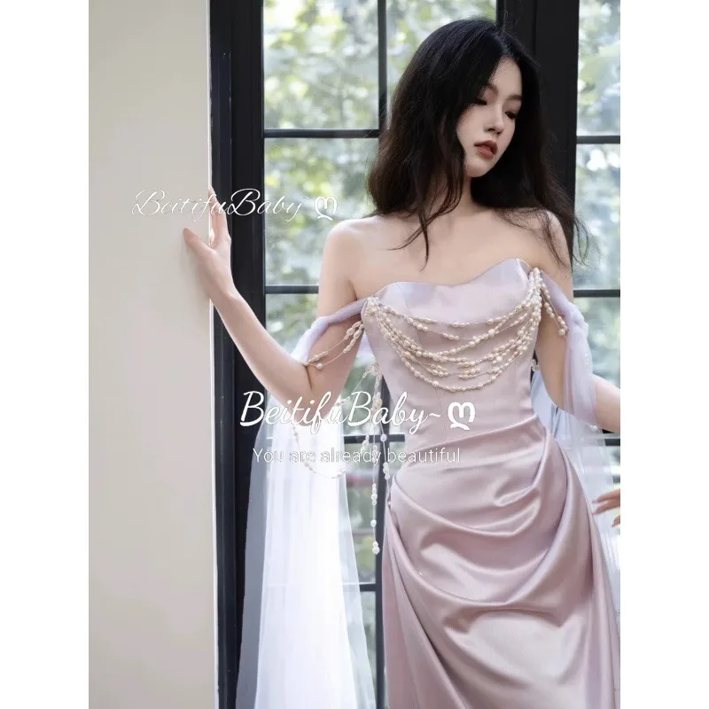 BeitifuBaby Elegant 2024 Stainชุดราตรีสตรีสไตล์เรียบง่ายปิดไหล่Pearl ChainกระโปรงMermaidจัดเลี้ยงBall Gown