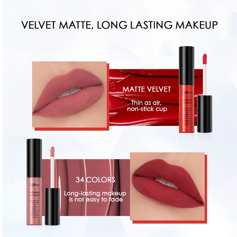 Qibest Brand Lips Beauty Makup Pigment Waterproof Lipgloss Long Lasting Black Velvet Matte Nude Lipstick Red Lip Gloss Lot