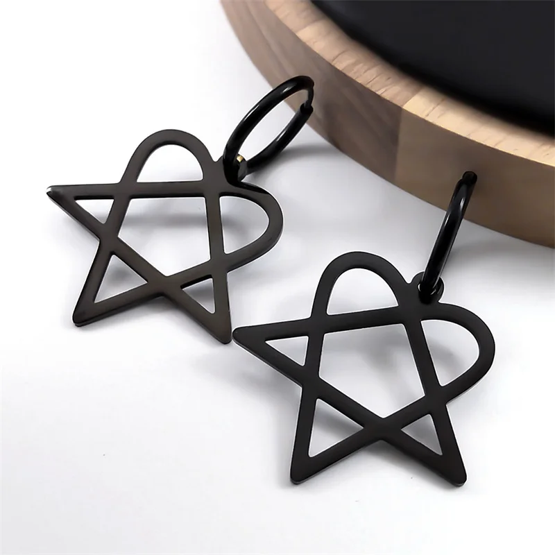 Goth Heartagram Star Dangle Hoop Earring Women Stainless Steel Black Color Rock Music Band HIM Fans Earrings Jewelry E2613S03