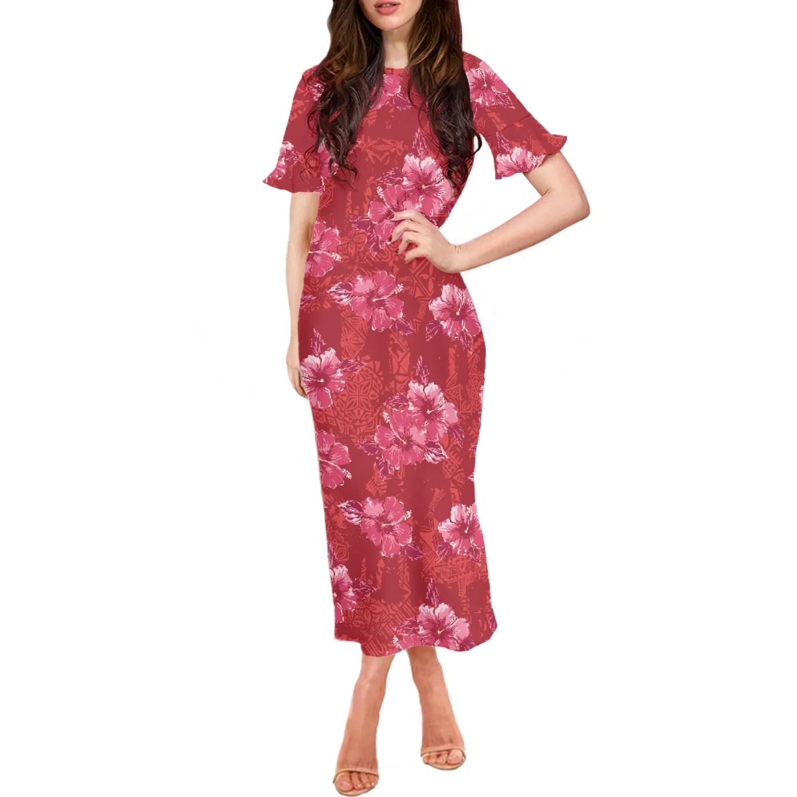 

Short Ruffle Sleeve O-Neck Fashion Long Dress 2023 Formal Dresses Polynesia Tribal Hawaii Summer Hibiscus Print Red Clothing