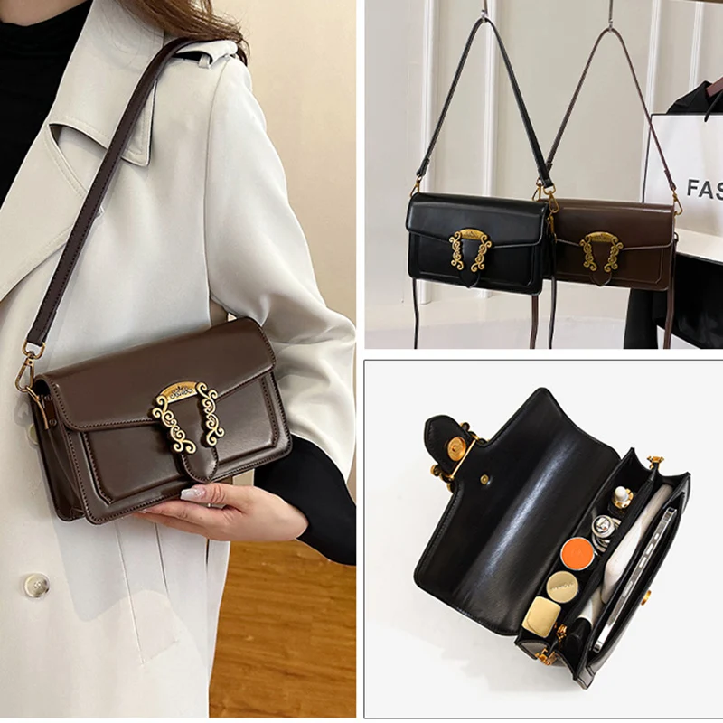 2024 new design retro french style solid PU women shoulder bag classic square small crossbody bag lady outfit versatile tote