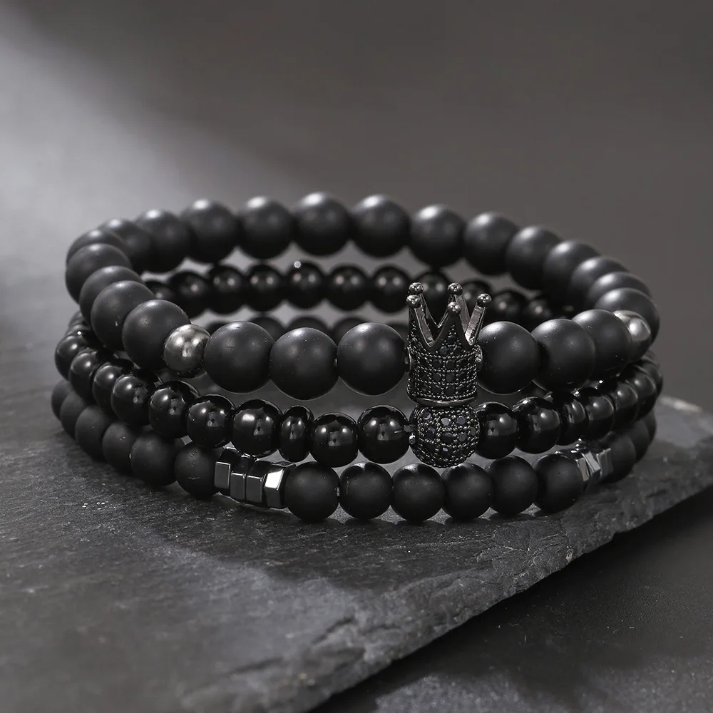 Hot-selling Black Matte Black Gallstone Bracelet Elastic Micro-inlaid Zircon Crown Diamond Ball Bracelet Set Bracelet
