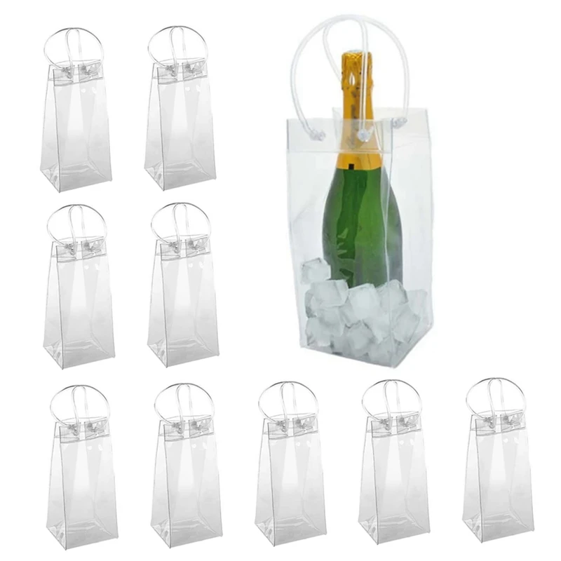 Pack Of 10 Wine Cooler Bag Transparent PVC Bag Portable Wine Bottle Cooler Bag Champagne Ice Bag With Handle