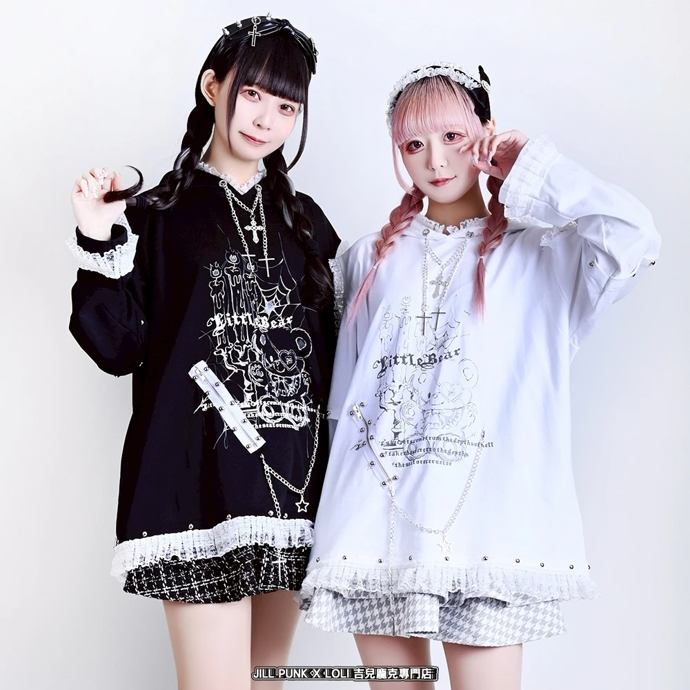 Bandage Lace Cross Chain Decorative Off-Shoulder Bears Ears Hooded Long Sleeve Sweatshirts 2025 Spring Summer Hoodies Women