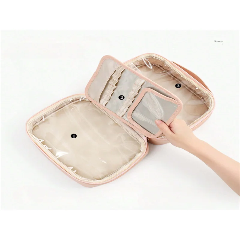 Elegant Travel Makeup Organizer - Spacious PU Leather Bag with Detachable Brush Holder, Clear Compartments, and Secure Zipper