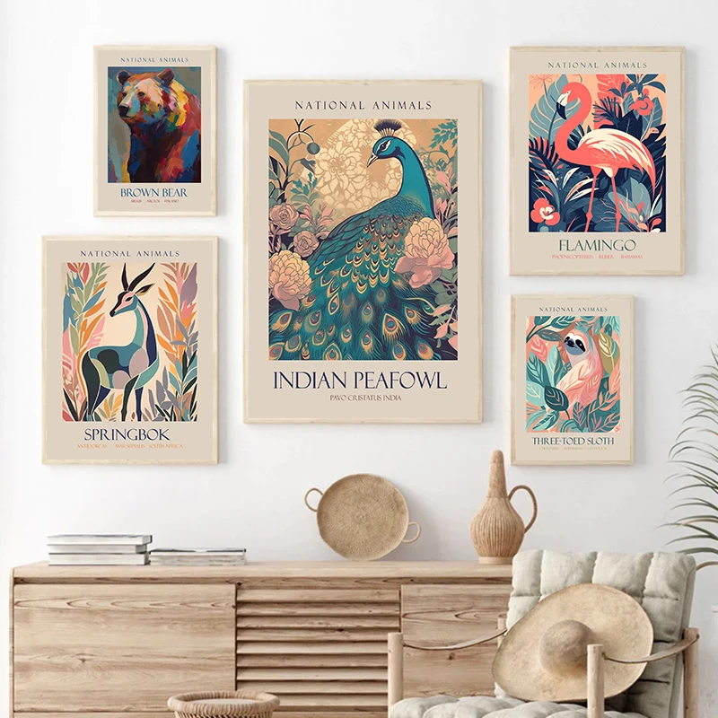 1pc frameless Canvas Painting 1pcs(No frame)Funny Jungle Animals Posters Bear Sloth Peacock Flamingo Deer Canvas Painting Nordic