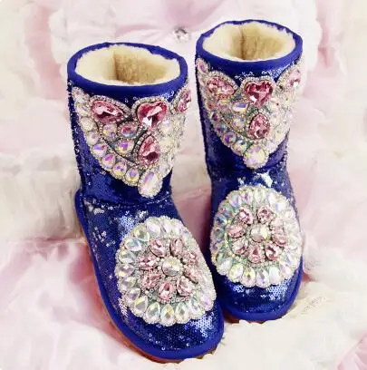 Winter New Women Blue Black Fish Scales Hand Made Crystal Rhinestone Diamond Round Toe Warming Flat Snow Boots Short Boote Shoes