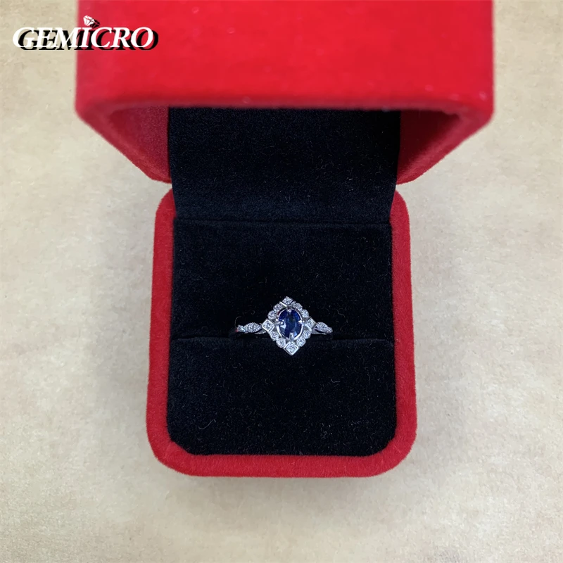 Gemicro 100% Natural Sapphire Ring S925 Silver Dark Blue 4mmX6mm New Product Updated Every Day to Focus on Shopkeepers for Gifts