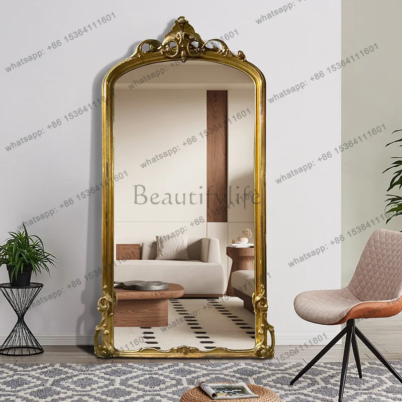 European retro carved frame arched floor mirror retro court style art decorative mirror home