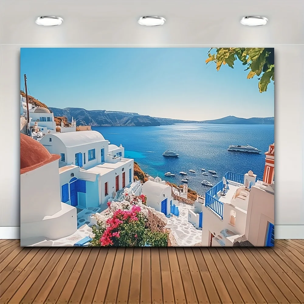 2D Flat 1pc Greece Island Background Blue White Houses Beach Sea Small Town Polyester Backdrop For Living Dining Room & College