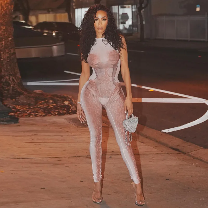 

Прозрачный сетчатый комбинезон с 3D-принтом, облегающий, женский, сексуальный, с круглым вырезом, без рукавов, персикового цвета, подчеркивающий бедра, для ночного клуба, уличный стиль