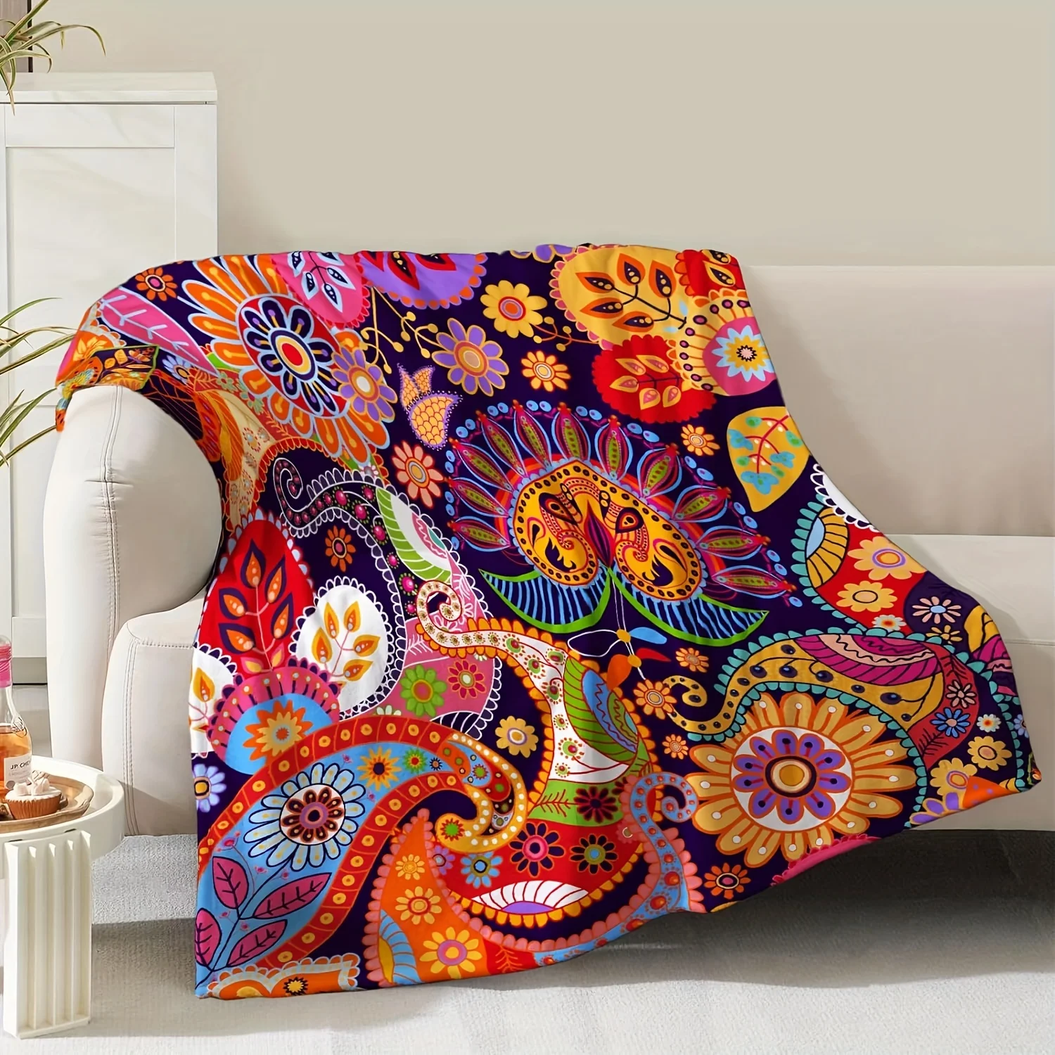2D Flat Print, 1pc of Vibrant Vintage Ethnic-style Throw Blanket/blanket, Featuring a Colorful Paisley Floral Curly Vine and Lea