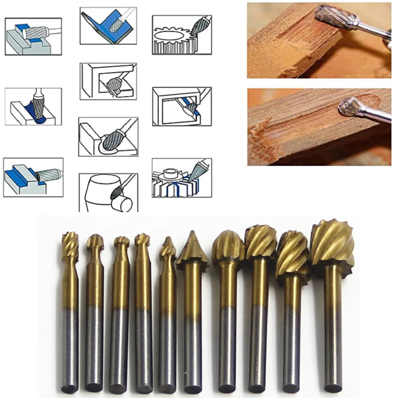 10 pz HSS titanio Dremel Routing legno fresatura rotativa File Cutter lavorazione del legno intagliato coltello taglierina strumento trapano per legno