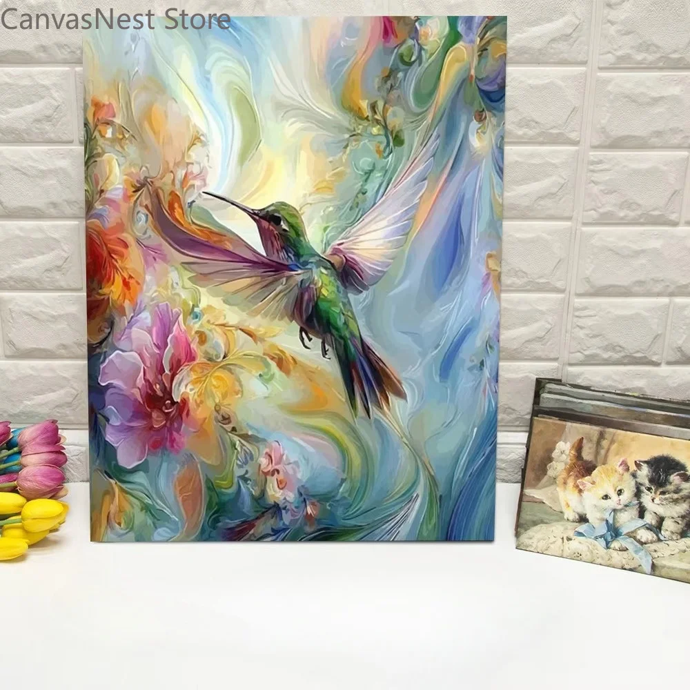 Colorful Hummingbird Floral Canvas Wall Art, Abstract Bird Flower Oil Painting Home Decor