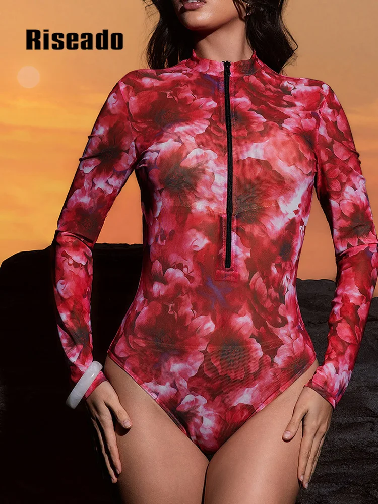 Swimwear Women Red Floral Swimsuit with Wide Leg Pants Long Sleeve Zip Up One Piece Monokini Sun Protection Beachwear