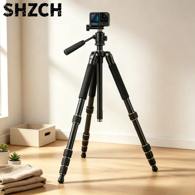 Extendable Tripod Selfie Stick 5-Section Aluminum Alloy Telescopic Pole with Anti-Slip Handle for Action Camera Vlogging