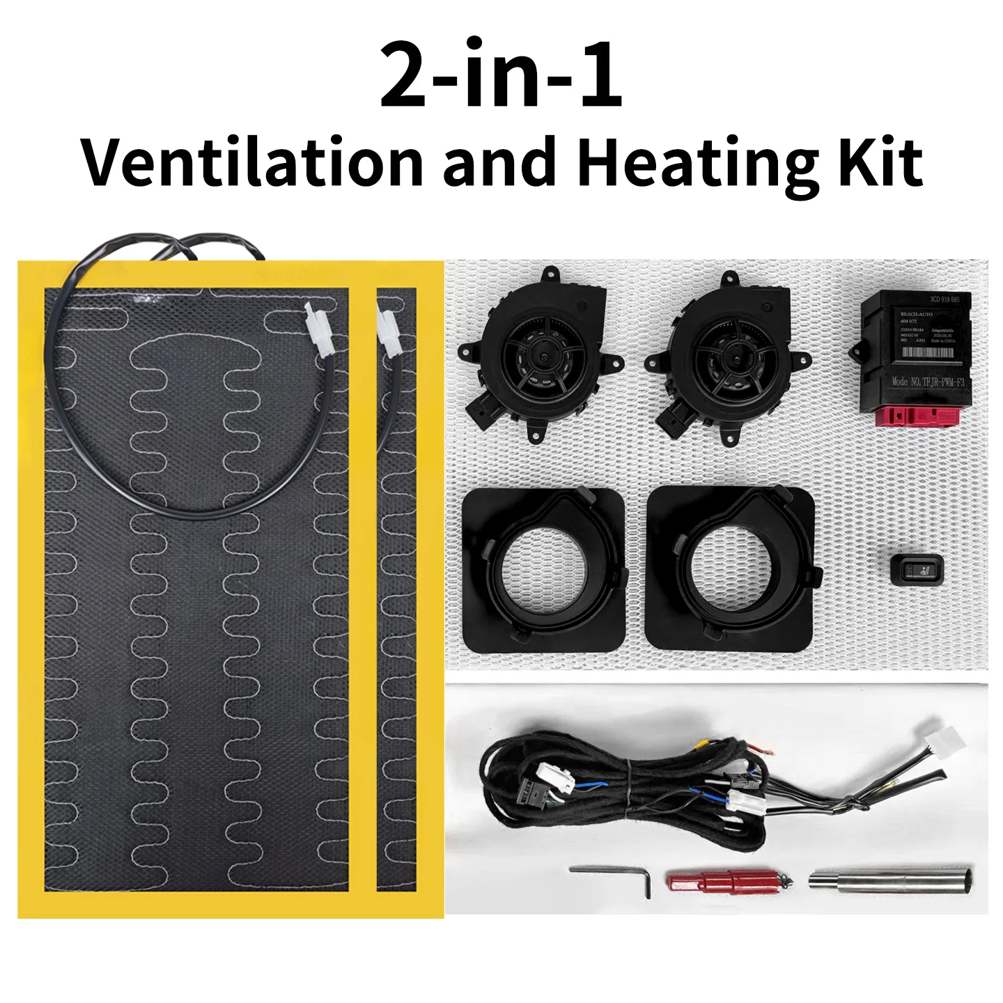 Universal adaptable car seat heater and ventilator kit for uniform heating / rapid cooling, with switch control wiring
