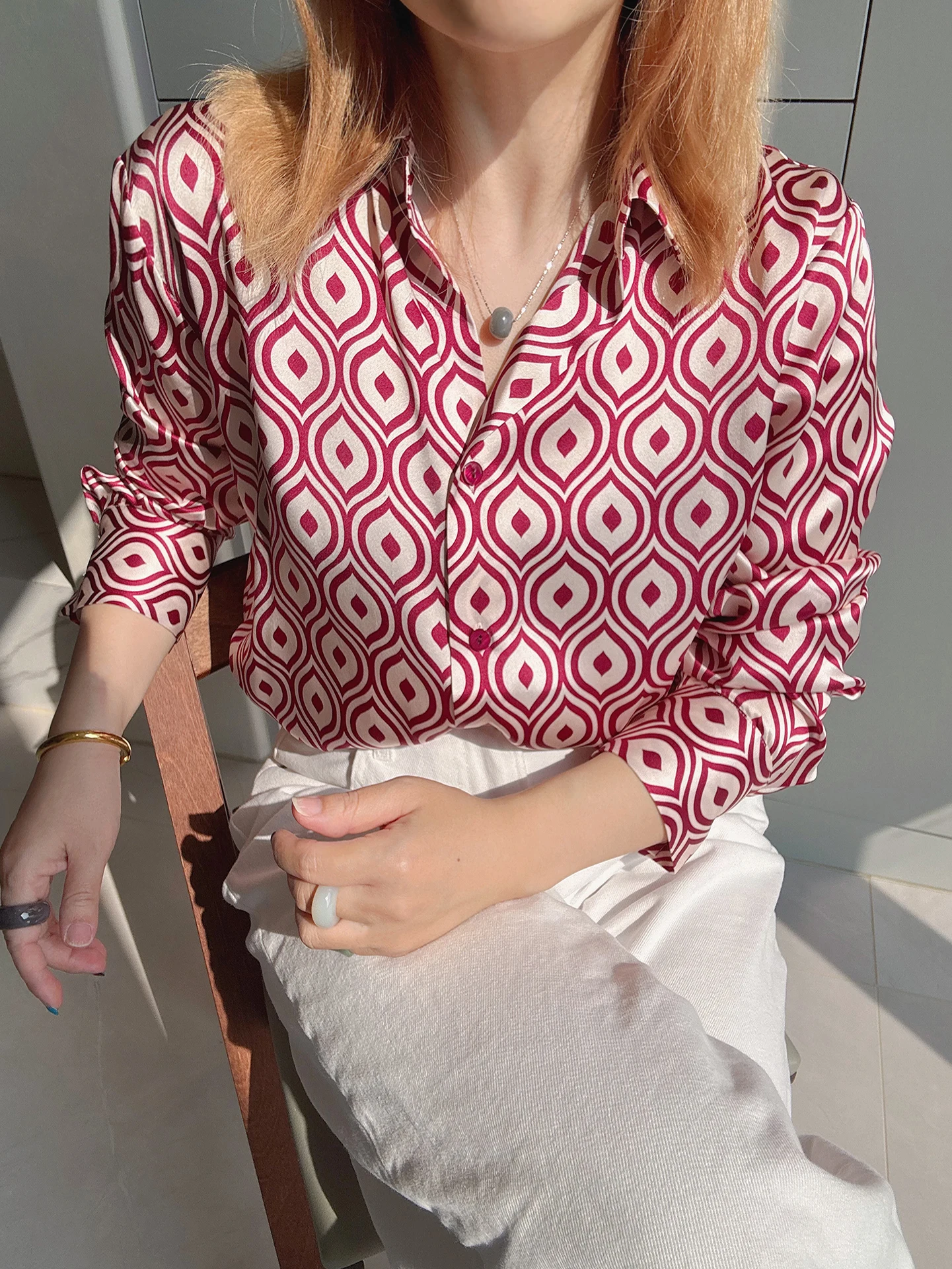 

Retro High JI Modern Geometric Print Wine Red Silk Satin Long Sleeve Shirt Silk Charmeuse Blouse Loose Fit French Style