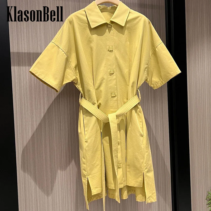 

7.16 KlasonBell Women Fashion New Turn-down Collar Short Sleeve Dress Loose Casual With Sashes Slim Cotton Dress