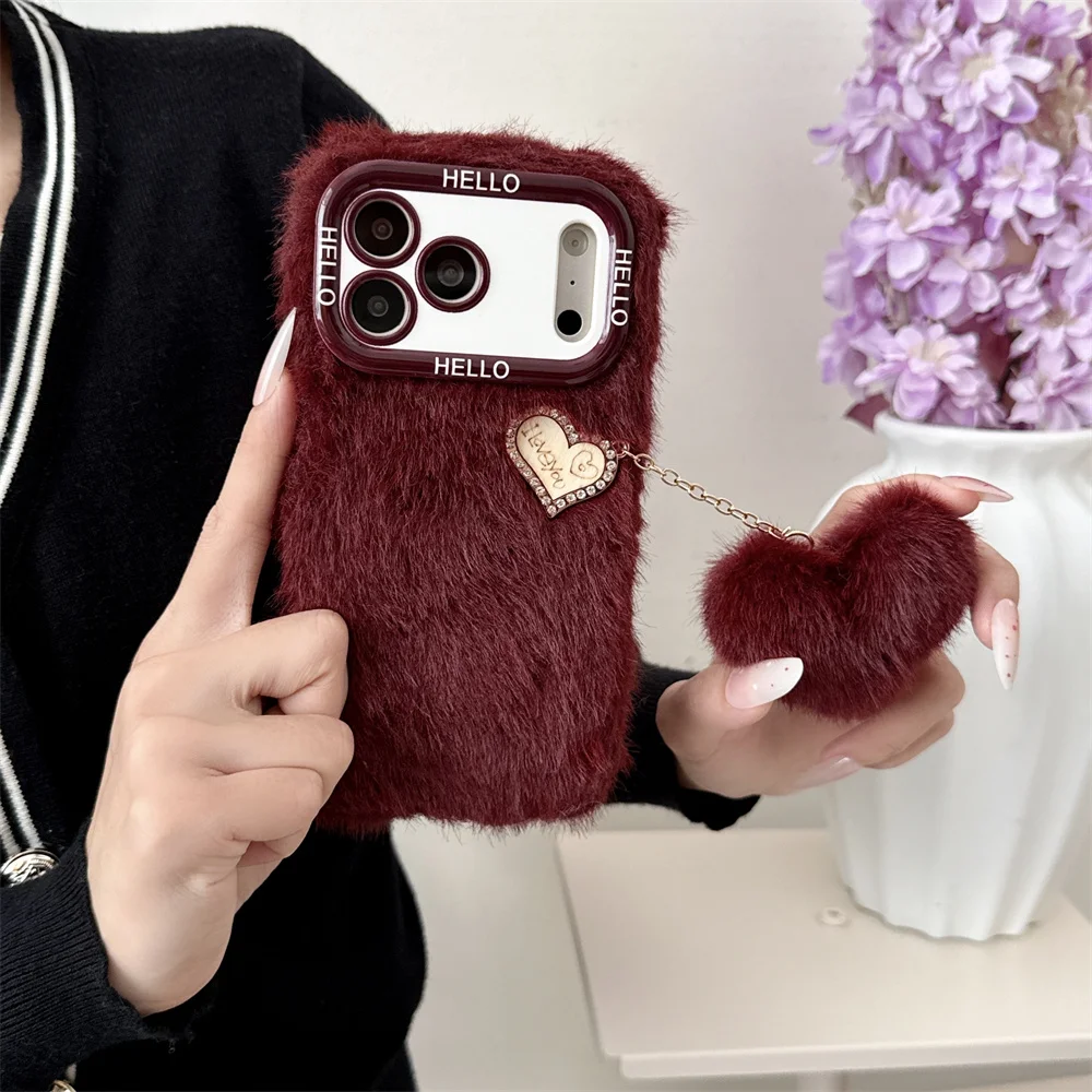Lovely Flip Camera Frame Stand Soft Plush Phone Case for iPhone 18 Pro Max 17 16 15 Heart Charm Pom Pom Pendant Protective Cover