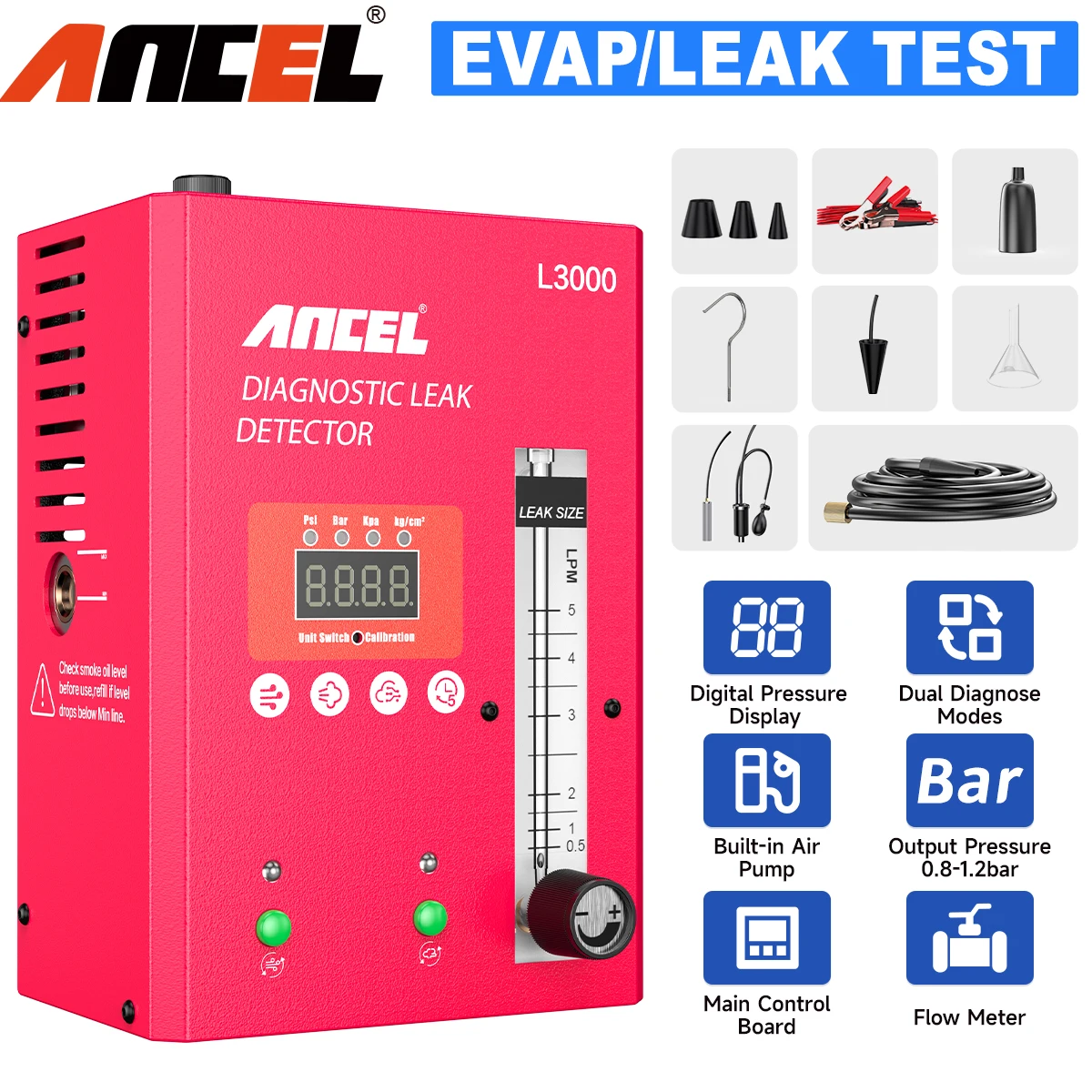 

Автомобильная дымовая машина со встроенным воздушным насосом и цифровым манометром EVAP Тестер утечки дымовой машины ANCEL L3000
