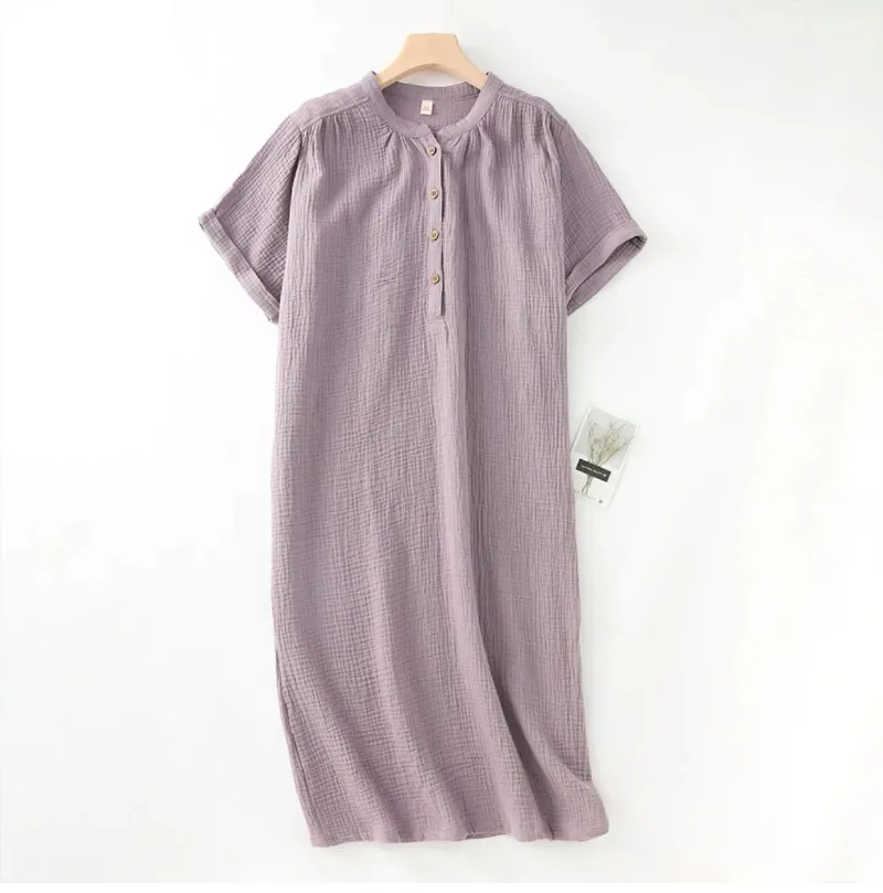 

Chic 100% Cotton Gauze Muslin Dresses For Women 2023 Casual Solid Short Sleeve Button Women'S Summer Dress Midi Beach Sundress