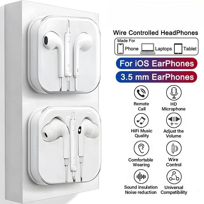 For iphone iPad Laptops Tablet Headphone For iPhone 16 15 14 13 12 11 Pro Max Earphones X XS 7 8 Plus 3.5mm Stereo Wired Earbuds