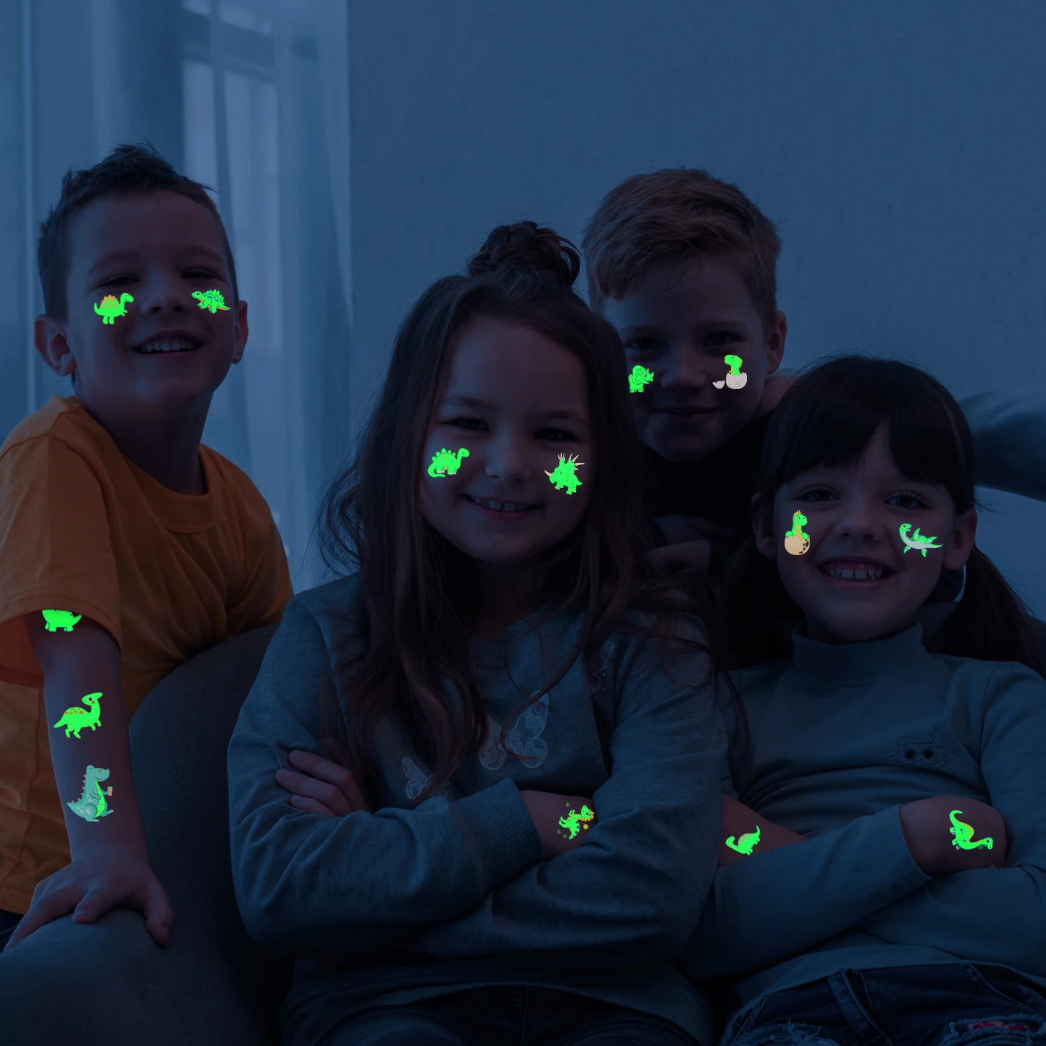 10 Glow-in-the-Dark Cute Dinosaur-Themed Temporary Tattoos, which can be used as themed decorations, gifts and prizes.