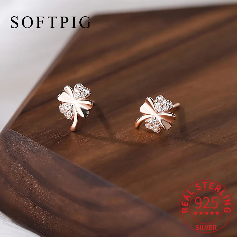 

SOFTPIG Real 925 Sterling Silver Zircon Clover Plant Stud Earrings For Women Classic Fine Jewelry Minimalist Accessories