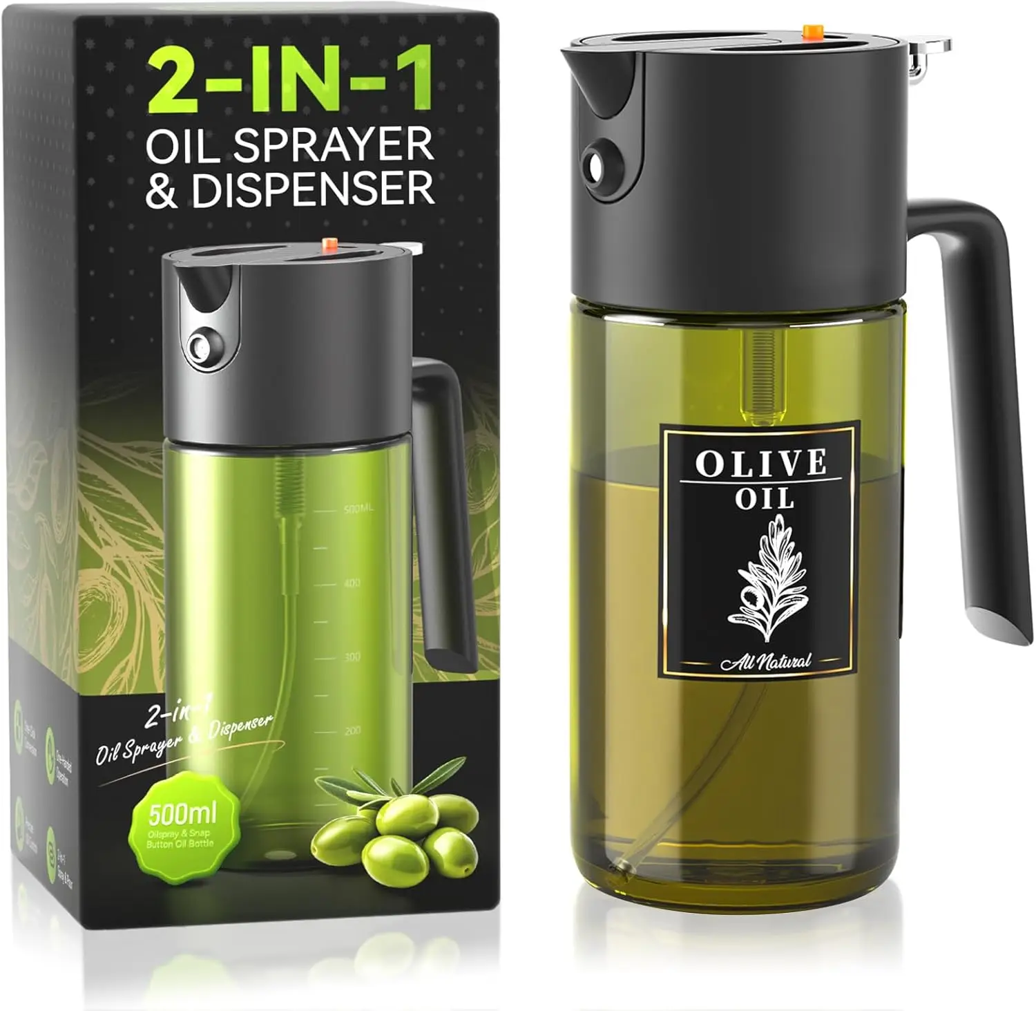 

500ml/17oz Light-Blocking Dark Oil Sprayer for Cooking with Sticker, Dark Green Glass Olive Oil Dispenser Bottle for Kitchen, Ev