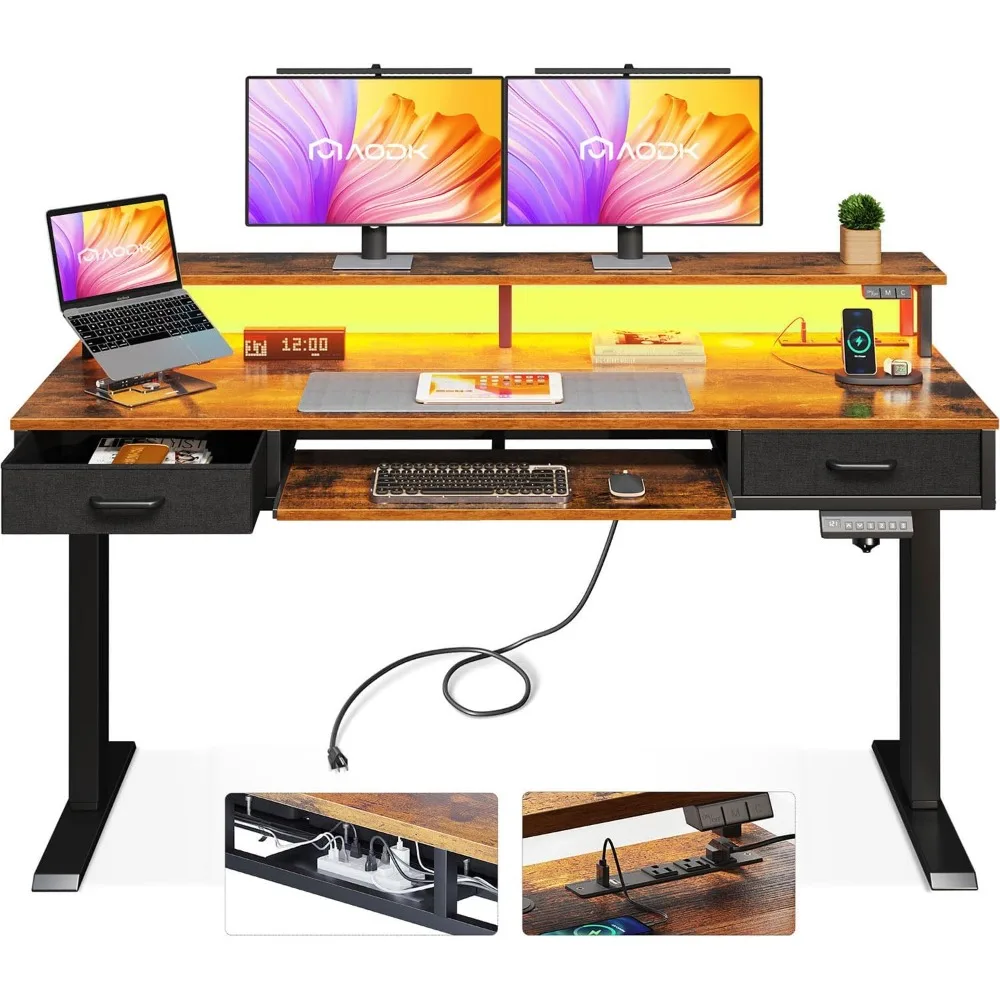 

Electric Standing Desk with Drawers & Keyboard Tray, 55 Inch Height Adjustable Gaming Desk with Power Outlets & LED Lights, Sit