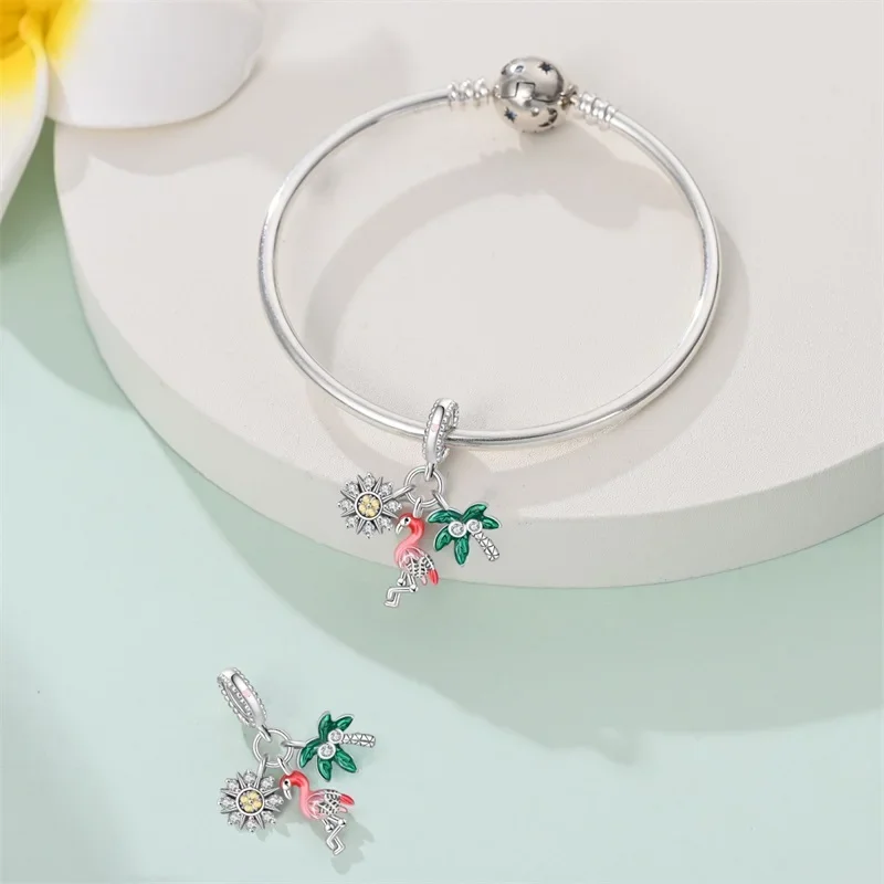 Springtime Flamingo Cactus Sunflower Animal Charms Beads Fit  DIY 925 Sterling Silver Original Bracelets Women Fine Jewelry Gift