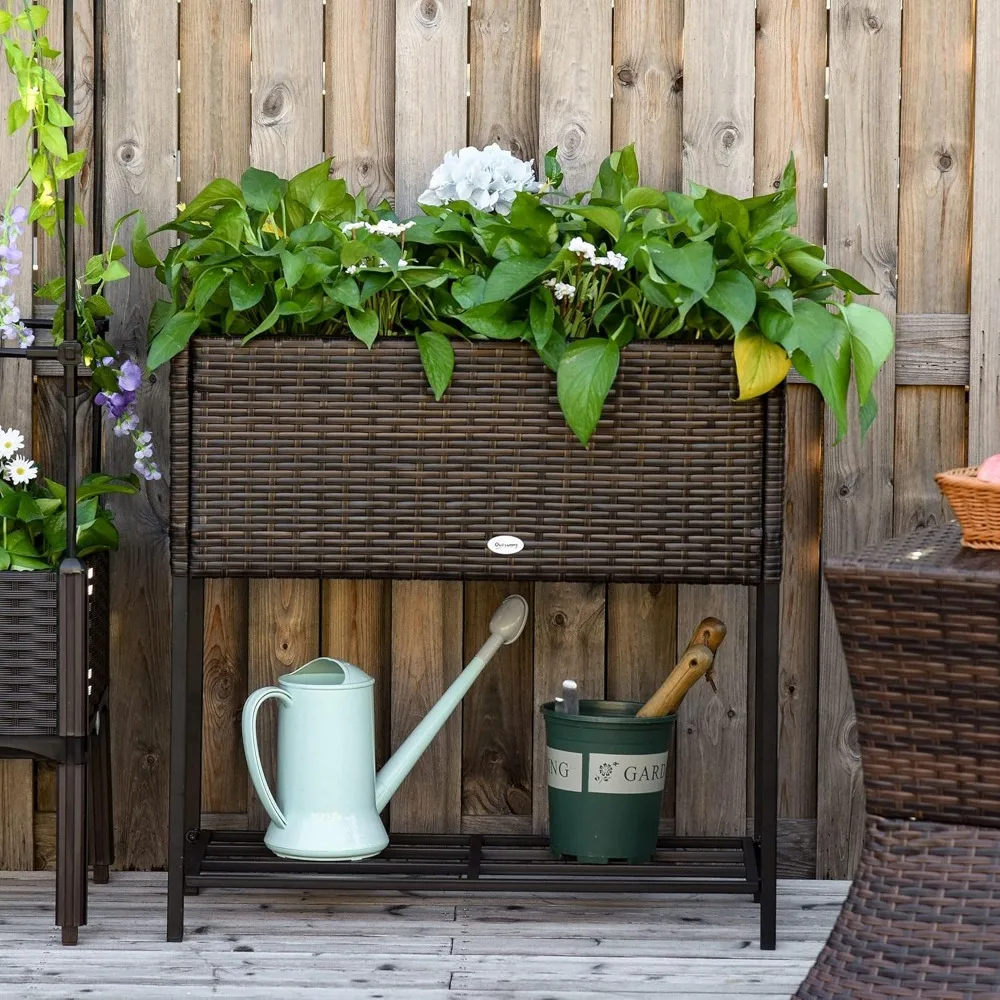 

Raised Garden Bed, Elevated Planter Box with Rattan Wicker Look, Tool Storage Shelf, Portable Design for Herbs, Customized
