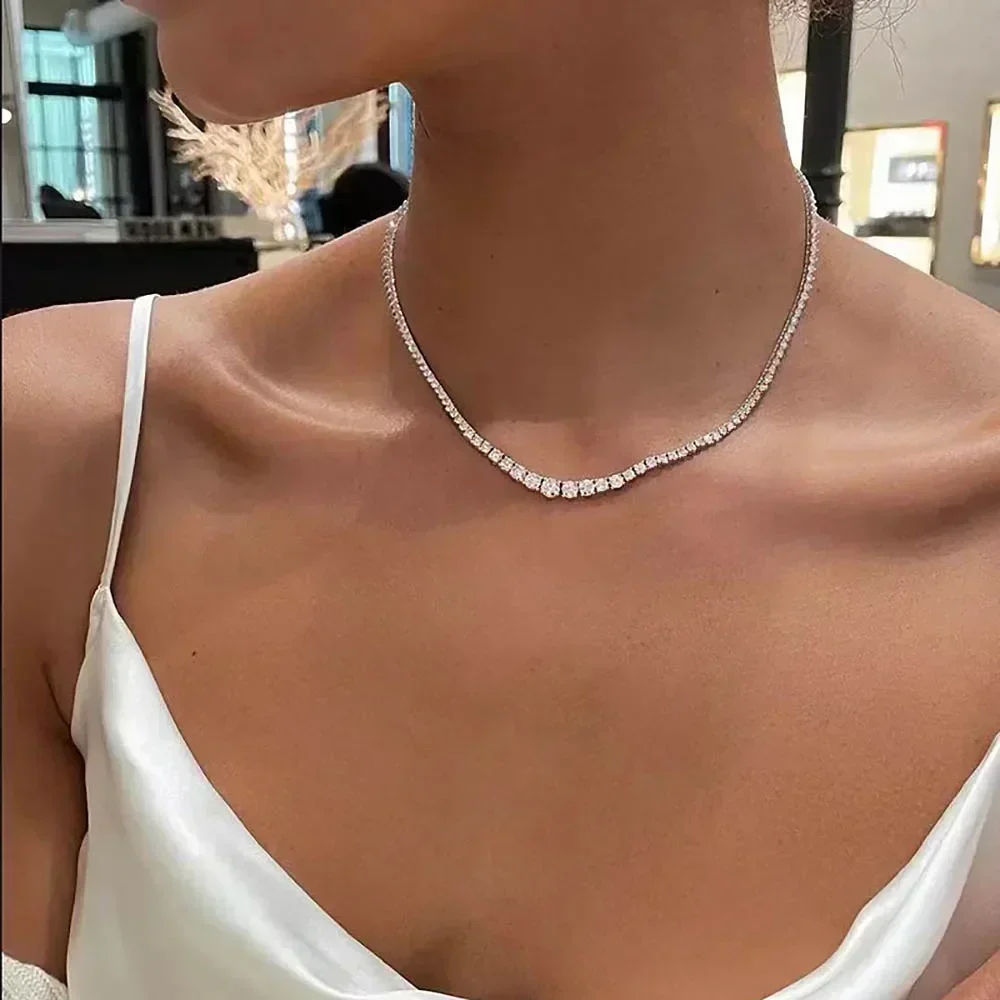 Riviera Necklaces Full Moissanite Tennis Necklace for Women 925 Sterling Silver Size Gradient Diamond Choker with Certificate