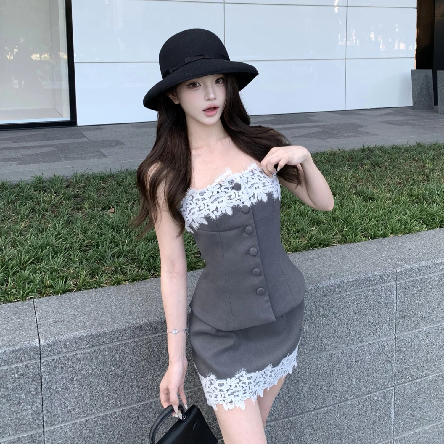 

Кружевной укороченный топ и юбка на день рождения, комплект из двух предметов, женская модная корейская одежда для поездок на работу, зимняя сезонная одежда