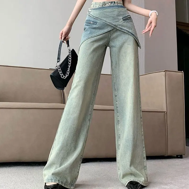 Irregular Stylish Patchwork High Waisted Jeans Wide-Leg Female Clothing Asymmetric Loose Denim Aura Straight Distressed Trousers