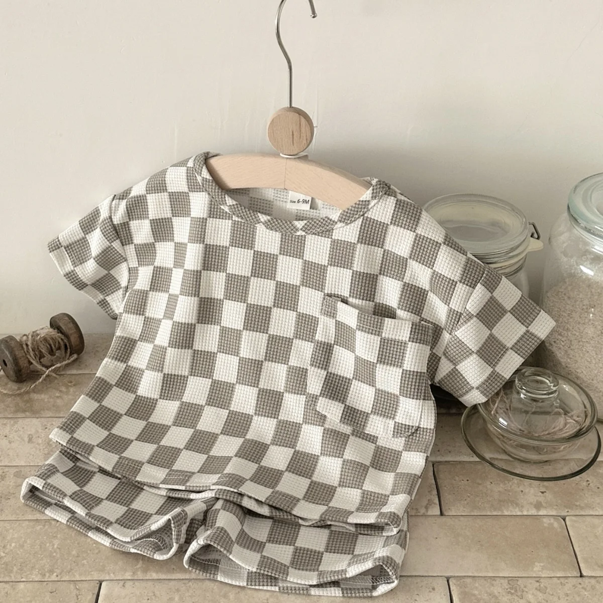 Short Sleeve Super Soft Checkerboard  PatternTops With Short Pants BoyBaby Two Pieces Clothing Sets
