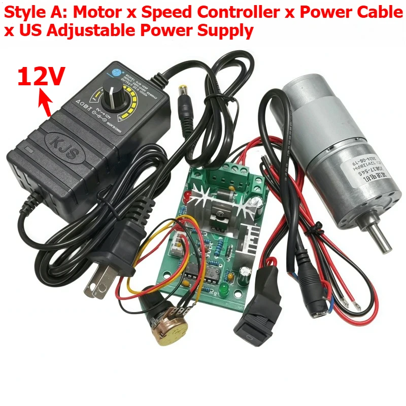 JGB37-545 Miniature DC Gear Reducer Motor with Speed Controller, Power Cord, Adjustable Power Supply, 12V/24V Motor