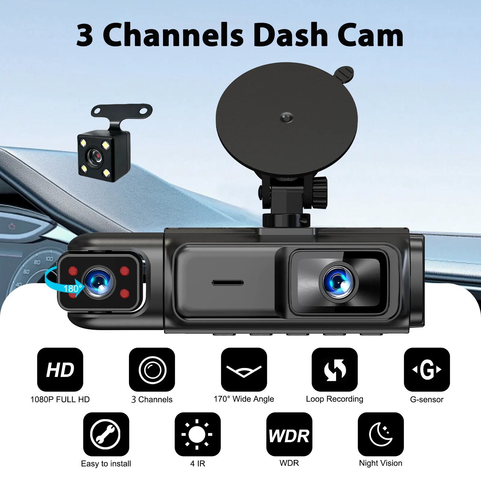 Dash Cam 3‑Channel 1080P Car DVR Black Box 24H Parking Monitor Gravity Sensing Loop Recording Audio Video Recorder for Vehicle