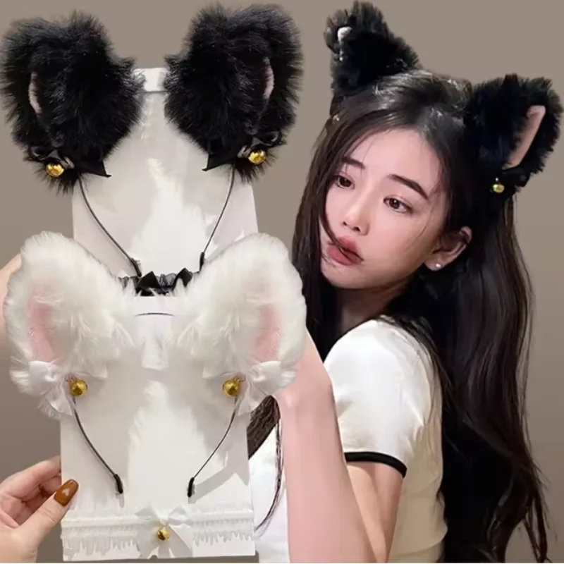 Women Girl Fox Cat Animal Ears Hair Headband Bell Lace Bow Necklace 2 PCS Set Cosplay Cartoon Lolita Party Plush Headwear Props