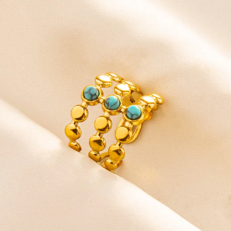 1pc Chic Bohemian Blue Turquoise Statement Gold Color Ring Stainless Steel Opening Adjustable Boho Ring Jewelry Gifts Never Fade