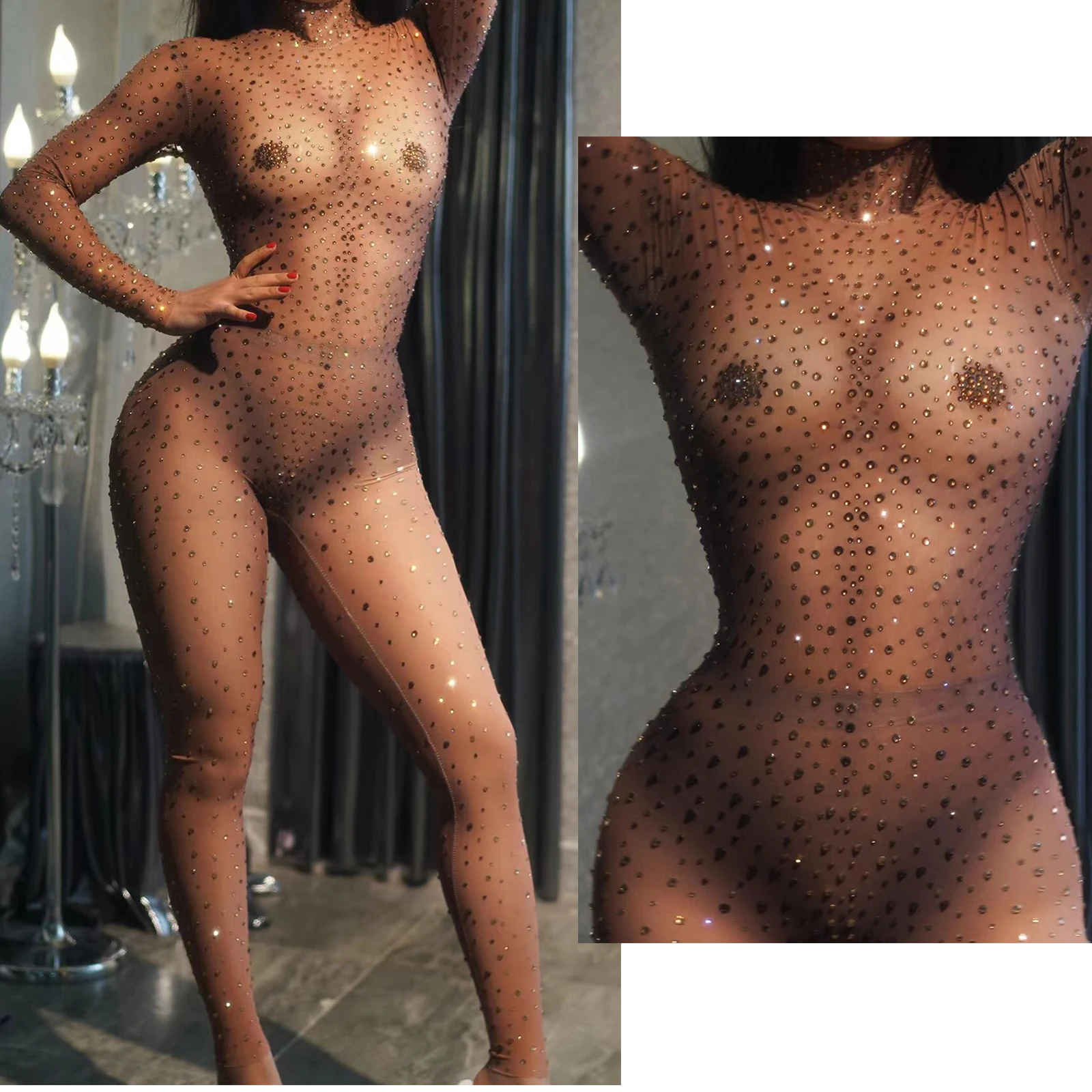 بذلة نسائية من حجر الراين اللامع ، رومبر شبكي شفاف ، أكمام طويلة ، حفلة نادي ليلي بحزام ، حفلة ليلية مثيرة