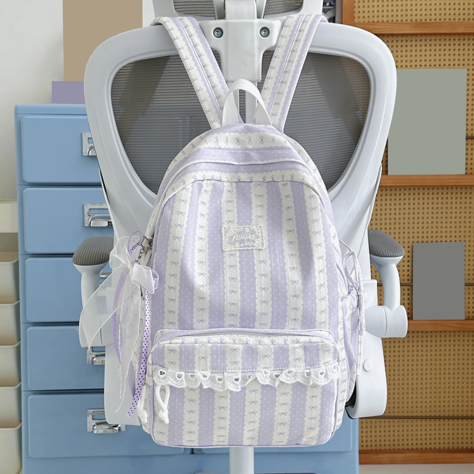 Women Nylon Stylish Strip Backpacks Multi-Pocket Cute Lace Trim Book Bags Lace Bow String Campus Rucksack Commute Work Backpacks