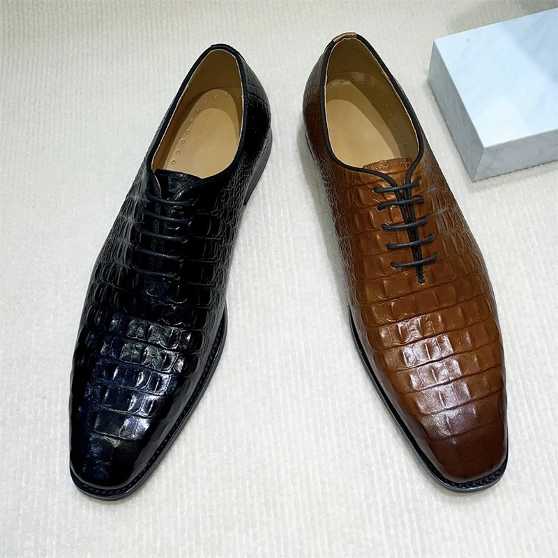 Men's Genuine Leather Oxford Shoes Crocodile Pattern Fashionable Casual Business Shoes Comfortable Breathable Slip-On Dress Shoe