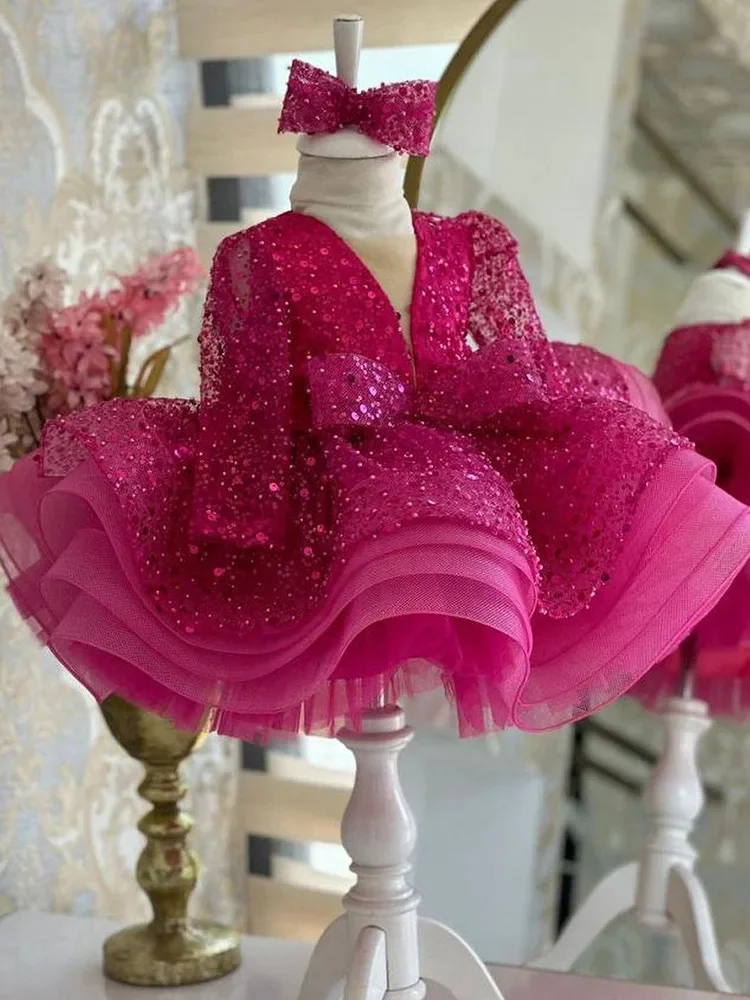 Abito da ragazza di fiore di lusso con paillettes scollo a V manica lunga per ragazze Abiti da festa di compleanno Ball con fiocco Abiti da sposa per bambini