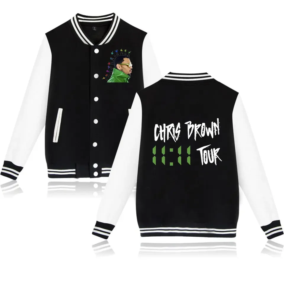 

Chris Brown THE 11:11 TOUR Baseball Jacket Women Men Bomber Jacket Outerwear Streetwear Hip Hop College Baseball Uniform