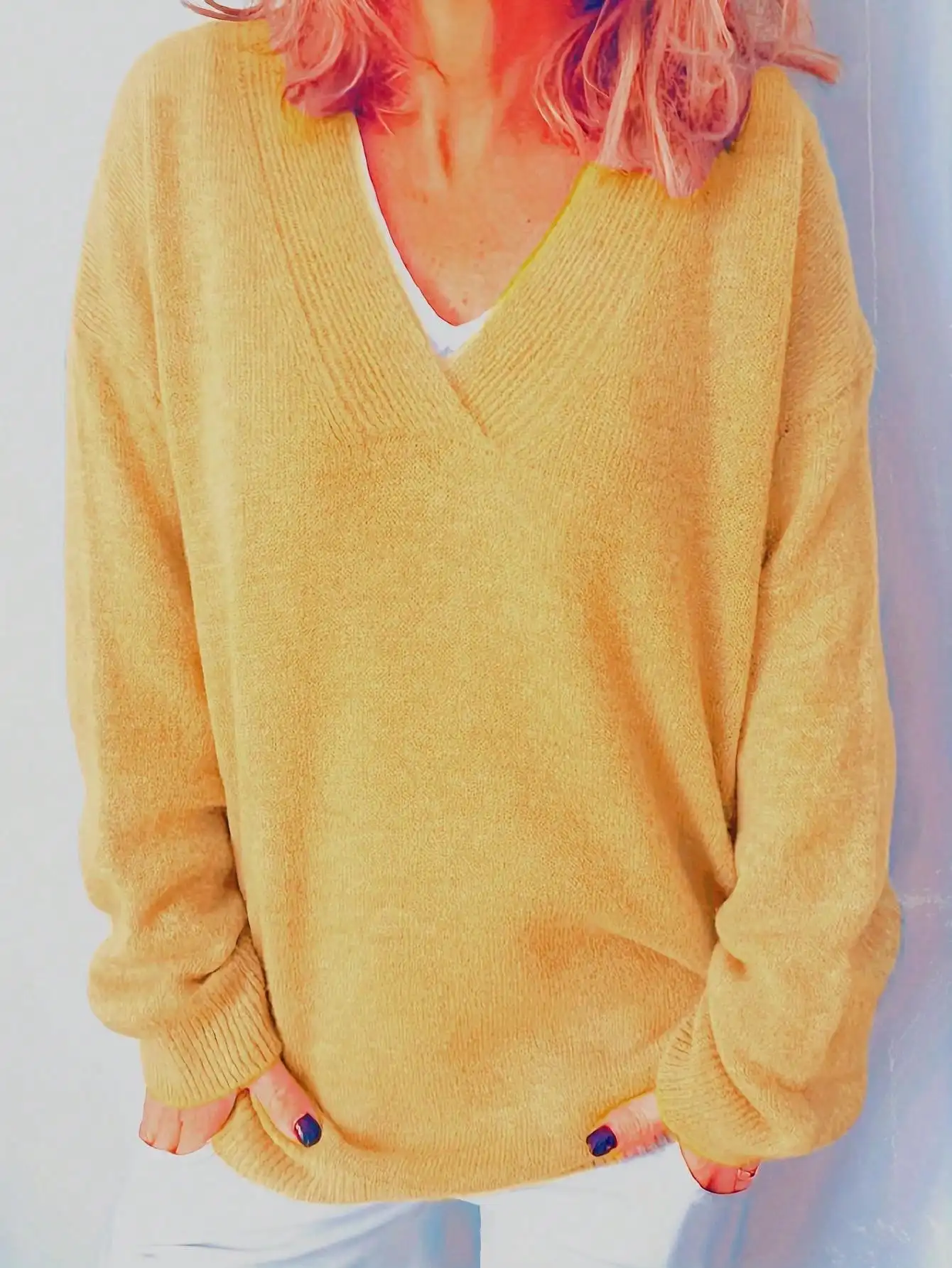 Herbst Winter Täglicher Casual Damen Übergröße V-Ausschnitt Langarm Pullover – Detail 14