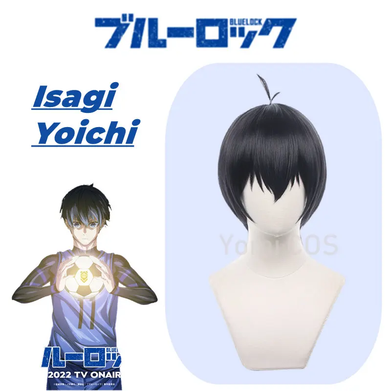 أنيمي Isagi Yoichi شعر مستعار تأثيري الأزرق قفل تأثيري الرجال السود قصيرة مقاومة للحرارة بيروكات صناعية أنيمي هالوين دور اللعب كوس شعر مستعار